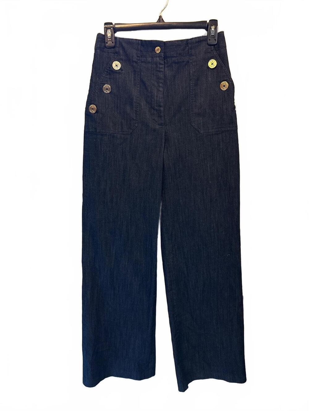 Tommy Hilfiger Denim Sailor Pants 4 Wide Leg Dark Wash Gold Nautical Button